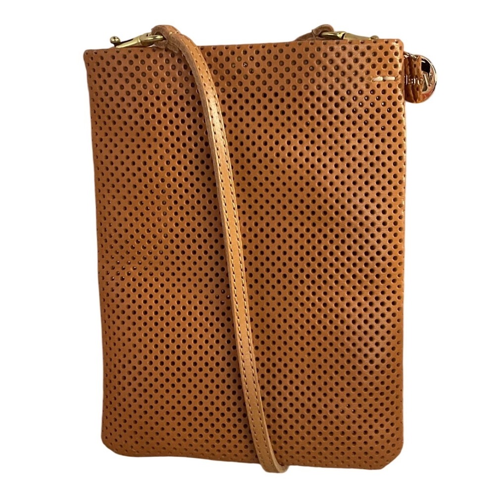 CLARE V POCHE Perforated Leather Crossbody Phone Bag Purse Amber Brown mint cond